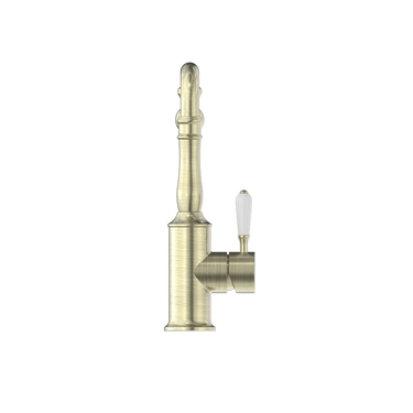 York  |  Aged Brass Kitchen Mixer Hook Spout With White Porcelain Lever