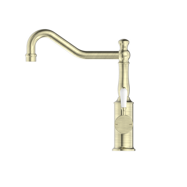 York  |  Aged Brass Kitchen Mixer Hook Spout With White Porcelain Lever