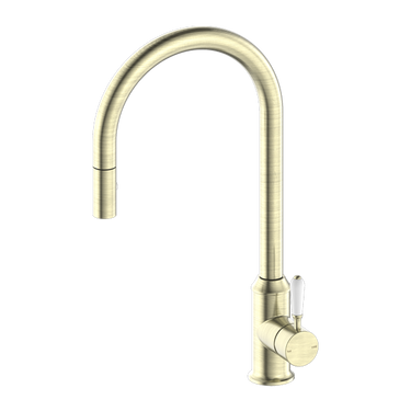 York | Aged Brass Pull Out Sink Mixer With Vegie Spray Function With White Porcelain Lever