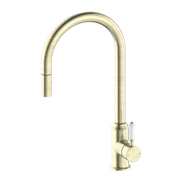 York | Aged Brass Pull Out Sink Mixer With Vegie Spray Function With White Porcelain Lever