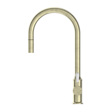 York | Aged Brass Pull Out Sink Mixer With Vegie Spray Function With White Porcelain Lever