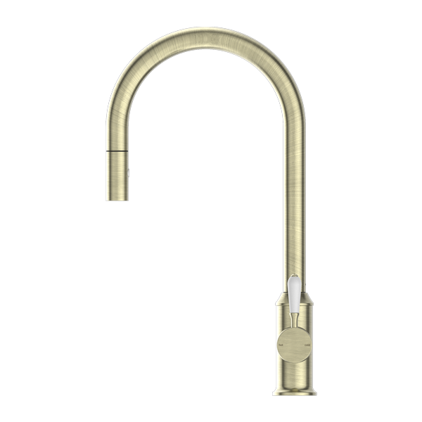 York | Aged Brass Pull Out Sink Mixer With Vegie Spray Function With White Porcelain Lever