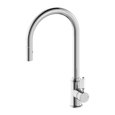 York | Chrome |Pull Out Sink Mixer With Vegie Spray Function With White Porcelain Lever