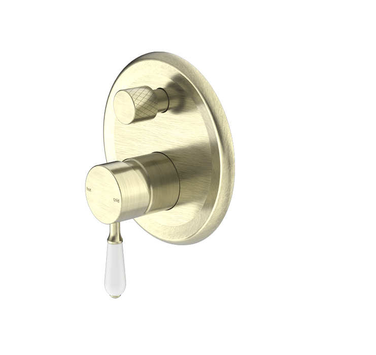York | Aged Brass Shower Mixer With Divertor With White Porcelain Lever