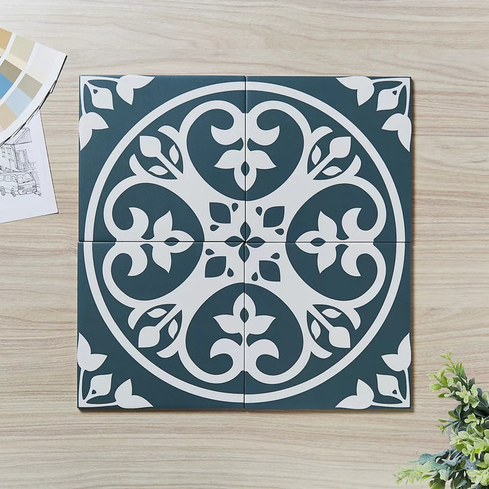 Picasso Floral Navy 200 x 200 Feature Tile