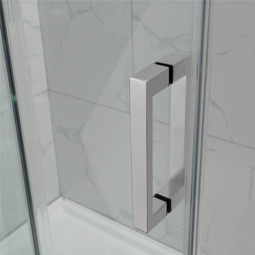 Square Frameless Adjustable Brushed Nickel Wall to Wall Sliding Shower Screen - Acqua Bathrooms