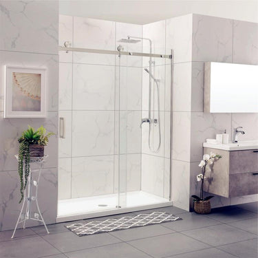 Square Frameless Adjustable Brushed Nickel Wall to Wall Sliding Shower Screen - Acqua Bathrooms