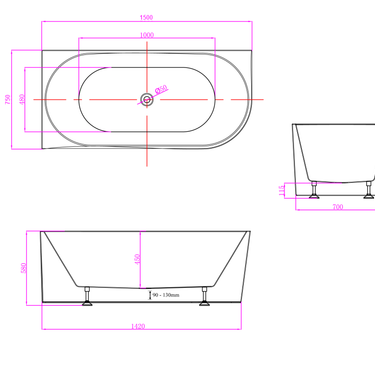 Dimitri | 1500 mm Left Corner Acrylic Free Standing Back To Wall Bath Tub