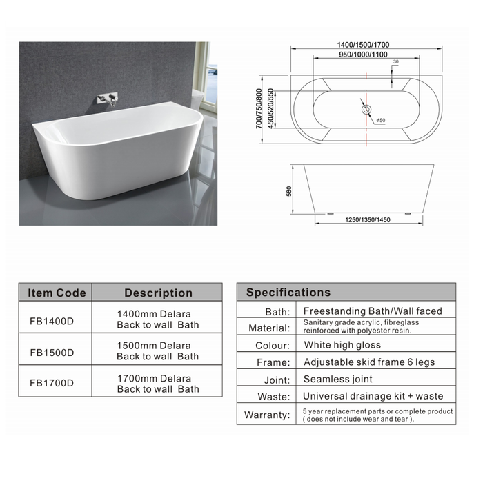 Delara | 1500 MM Acrylic Free Standing Bath Tub Back to Wall Bathroom Inc Waste