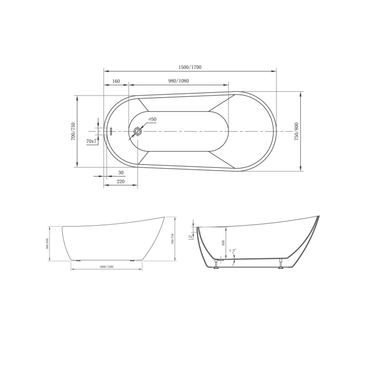Coco | 1700 MM Acrylic Free Standing Bath Tub Back to Wall Bathroom Inc Waste